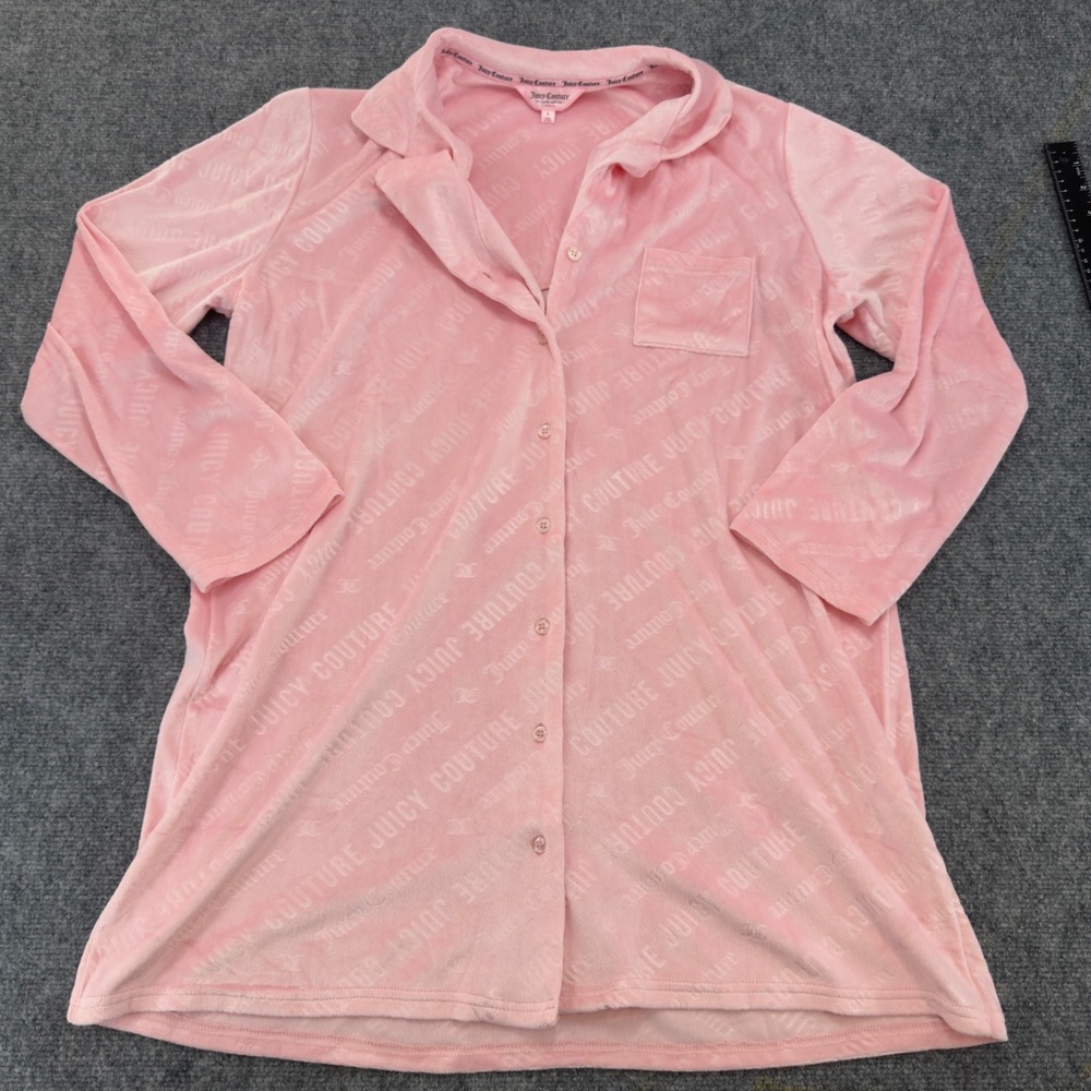 Juicy Couture Velour Embossed Logo Sleep Shirt Pajama Top Pink Size L Y2K